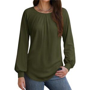 Pleated Lantern Sleeve Blouse – Loose Fit Crew Neck Top for Work & Casual